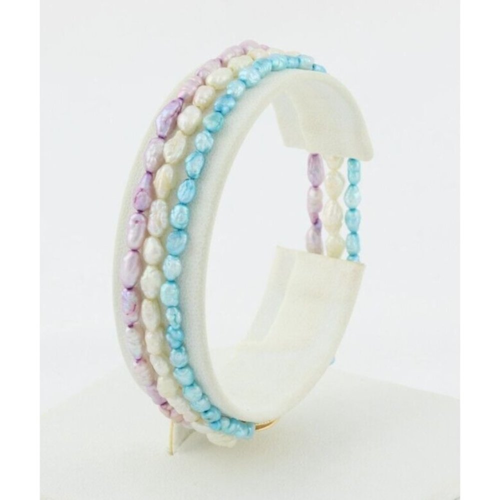 14k Yellow Gold Freshwater Natural Purple, White, Blue, Baroque Pearls 3 Strand - Picture 7 of 9